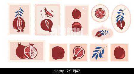 Granatäpfel-Stempel mit ganzen, halben und geschnittenen Früchten und Blättern. Aufkleber mit Granatapfel. Vektor Hand gezeichnete flache Sammlung Stock Vektor