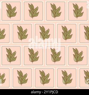 Nahtloses Steppmuster mit Blattmuster. Hintergrund der Wiederholung von Patchwork-Anlagen. Briefmarken im Retro-Look mit Blumenmuster und endlosem Design. Handgezeichnete Vektorgrafik. Stock Vektor