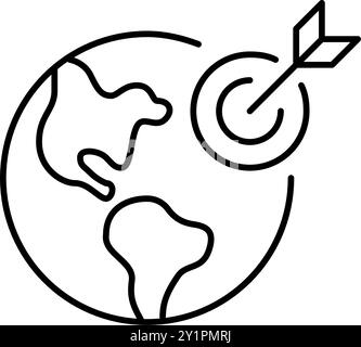 Der Pfeil trifft das Ziel auf der Erde. Präzision in der globalen Navigation, gezielte internationale Strategie. Pixelperfektes, bearbeitbares Konturvektorsymbol Stock Vektor