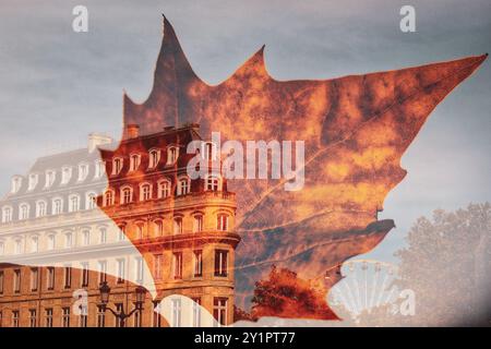 Herbstgelb gelbtes Blatt in der Hand der Frau überlagert auf dem Bild eines alten Gebäudes auf der französischen Straße. Reisen nach Frankreich im Herbst. Herbstreise nach Europa Stockfoto