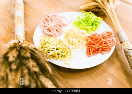 Italienische Pasta in verschiedenen Farben auf einem weißen Teller auf einem Holztisch mit einem Haufen Weizen. Gekochte mehrfarbige Tagliatelli. Hochwertige Fotos Stockfoto