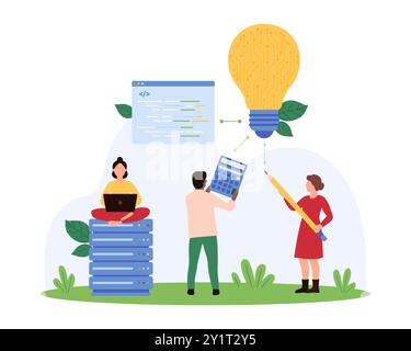 Kreatives digitales Projekt und Softwareentwicklung, Innovation bei der Programmierung und Wissenschaftsstart. Kleine Leute arbeiten an einer intelligenten Lösung mit heller Glühbirne und Programmcode Cartoon Vektor Illustration Stock Vektor