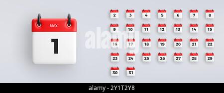 3D-Kalendersymbol mit Datum zwischen 1 und 31 Mai auf grauem Hintergrund. Sammlung von Symbolen für Vektorplan. Stock Vektor