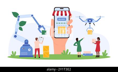 Logistik- und Kartonladeautomatisierung im Lager, Kuriersteuerung über mobile App. Riesige Hand, die Smartphone hält, um auf Paketzustellung zu überprüfen, Drohne liefert Paket Cartoon Vektor Illustration Stock Vektor
