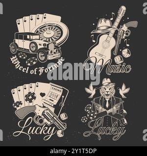 Set aus Gangsta-Design. Vintage-Druck, Logo, Badge-Design mit Retro-Auto, Poker-Spielkarte, Casino-Chips, Spielautomaten, zwei Würfel, Achsschenkel, Pistole und Stock Vektor