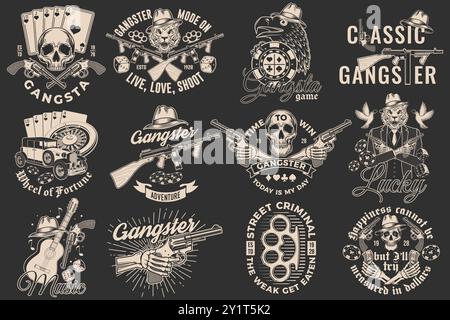 Set mit Gangster-Club-Abzeichen. Vektorabbildung. Schwarzes Vintage-Etikett, Aufkleber, Patch mit Gangster, Maschinenpistole und Tiger Gangster Stock Vektor