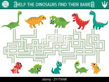 Dinosaurierlabyrinth für Kinder mit niedlichen Tieren und ihren Babys. Einfache geometrische prähistorische Vorschul-druckbare Aktivität. Dino Land Labyrinth Spiel, Puzzle Stock Vektor