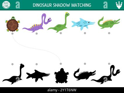 Dinosaurier-Schatten-Matching-Aktivität mit Wassertieren. Prähistorisches Puzzle mit süßem Plesiosaurier, Ichthyosaur. Finden Sie den richtigen bedruckbaren Arbeitsschuh für die Silhouette Stock Vektor