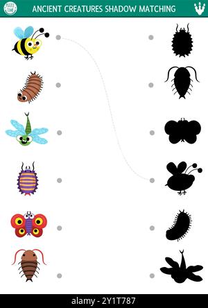 Dinosaurier-Schattenabstimmung mit alten Insekten. Prähistorisches Puzzle mit niedlicher Libelle, Schmetterling, Käfer, Tausendfüßler, Biene. Finden Sie die richtige Silhou Stock Vektor