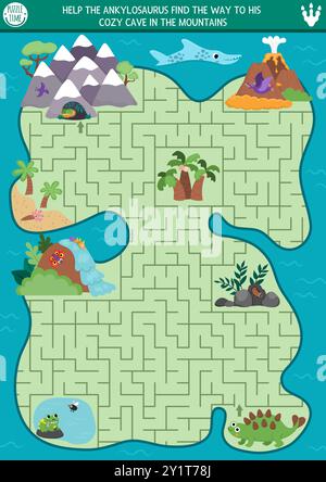 Dinosaurierlabyrinth für Kinder mit niedlichen Tieren und einer antiken Landschaft. Prähistorische Vorschularbeit zum Ausdrucken. Dino Land Geometrisches Labyrinth Spiel, pu Stock Vektor