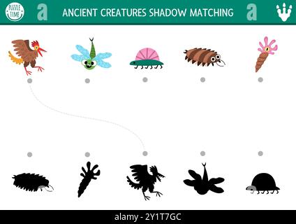 Dinosaurier-Schatten passen Aktivität mit alten Tieren an. Prähistorisches Puzzle mit niedlichem Ammoniit, Tausendfüßler, Libelle, Archäopteryx. Finden Sie das richtige Silho Stock Vektor