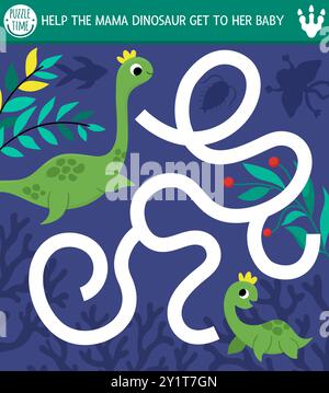 Einfaches Dinosaurierlabyrinth für Kinder mit niedlichen Tieren und einer antiken Landschaft. Quadratische prähistorische Vorschularbeit zum Ausdrucken. Dino Land Labyrinth Spiel Stock Vektor