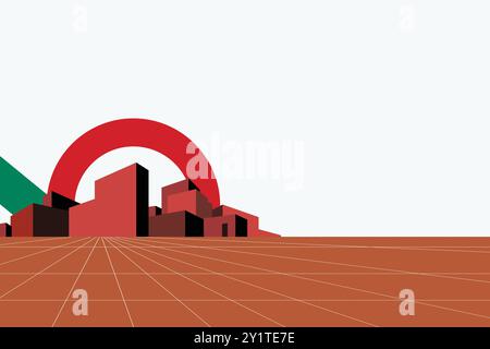 Die minimalistische abstrakte Illustration der urbanen Landschaft zeigt geometrische Formen und Vintage-inspirierte Farben, eine stilvolle Stadtlandschaft. Perfekt für die Anzeige von Auto Stockfoto