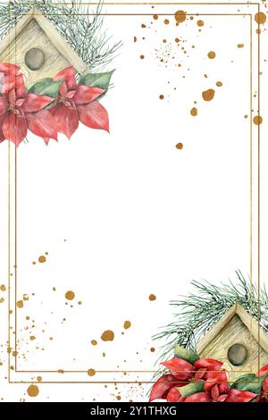 Neue Tränen- und heilige Weihnachtsgrußkartenschablone mit Vogel Holzhaus dekoriert mit roten Weihnachtsblumen Weihnachtsstern und Tannenzweigen. Handgezeichnet ist Stockfoto