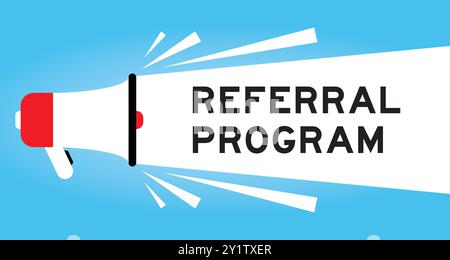 Farbiges Megaphon-Symbol mit Wort-Empfehlungsprogramm in weißem Banner auf blauem Hintergrund Stock Vektor