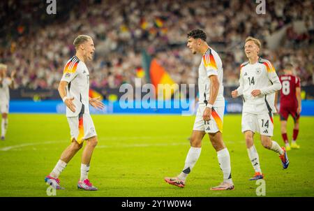 Düsseldorf, Deutschland. September 2024. Torjubel: Florian Wirtz (DFB) Aleksandar Pavlovic (DFB) Maximilian Beier (DFB) Deutschland - Ungarn Deutschland - Stockfoto