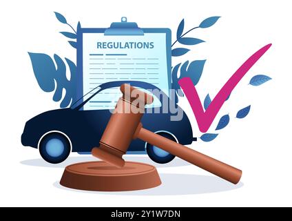 Auto produzierte saubere Emissionen mit Hamel Justice and Regulatory Dokument auf dem Hintergrund, Auto Emissions Vorschriften Vektor Illustration Stock Vektor