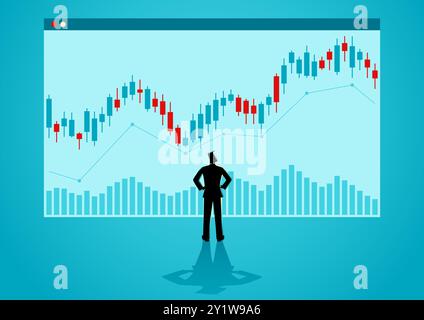 Vektor-Illustration eines Geschäftsmannes, der einen riesigen Bildschirm mit einem Börsendiagramm überwacht. Ideal für Anlagematerialien, Finanzdienstleistungen, f Stock Vektor