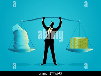 Geschäftsmann, der eine Waage mit Aktiendokumenten auf der einen und Geld auf der anderen Seite hält, für Finanz-, Investitions- und Aktienbewertung Stock Vektor