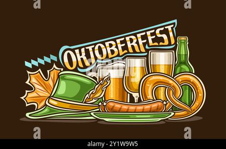 Vektor-Illustration für Oktoberfest, horizontales Poster mit Zeichentrickdesign Komposition der oktoberfest Brezel, blaue dekorative Raute, Bratwurst auf g Stock Vektor