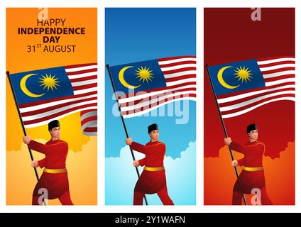 Malaysischer Mann in traditioneller Kleidung, der stolz die Flagge Malaysias hält. Wir feiern den Unabhängigkeitstag und nationale Veranstaltungen. Stock Vektor