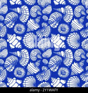 Modernes Cottage am Strand im rustikalen Muschelblock-Muster im Stil des Sealife Beach. Azurblaues weißes Muschelmotiv mit Leinennägeln Stockfoto
