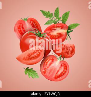 Frische Tomaten mit grünen Blättern in der Luft auf hellrotem Hintergrund Stockfoto