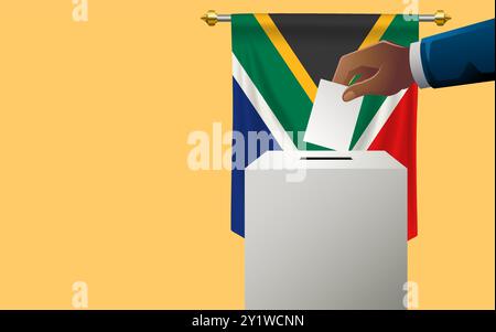 Feiern Sie die Demokratie in Südafrika mit dieser Bildvorlage mit einem Wahlkästchen in den Farben der südafrikanischen Flagge, Wahltag Stock Vektor