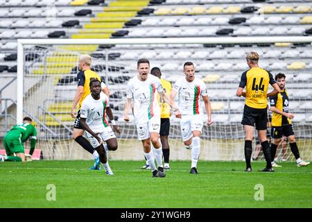 Lier, Belgien. September 2024. Robin Lauwers von Houtvenne feiert, nachdem er bei einem Fußballspiel zwischen K. Lierse S.K. (1b) und KFC Houtvenne (2. Amateur) in der sechsten Runde des Croky Cup Belgian Cup am Sonntag, den 08. September 2024, in Lier einen Treffer erzielte. BELGA FOTO TOM GOYVAERTS Credit: Belga Nachrichtenagentur/Alamy Live News Stockfoto