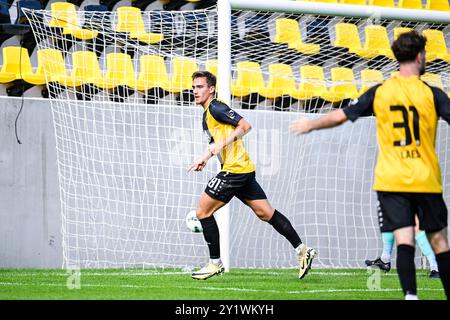 Lier, Belgien. September 2024. Lierse's Niklo Dailly feiert nach einem Torschuss während eines Fußballspiels zwischen K. Lierse S.K. (1b) und KFC Houtvenne (2. Amateur) in der sechsten Runde des Croky Cup Belgian Cup am Sonntag, den 08. September 2024 in Lier. BELGA FOTO TOM GOYVAERTS Credit: Belga Nachrichtenagentur/Alamy Live News Stockfoto