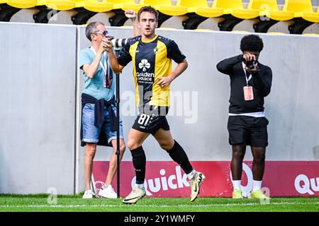 Lier, Belgien. September 2024. Lierse's Niklo Dailly feiert nach einem Torschuss während eines Fußballspiels zwischen K. Lierse S.K. (1b) und KFC Houtvenne (2. Amateur) in der sechsten Runde des Croky Cup Belgian Cup am Sonntag, den 08. September 2024 in Lier. BELGA FOTO TOM GOYVAERTS Credit: Belga Nachrichtenagentur/Alamy Live News Stockfoto