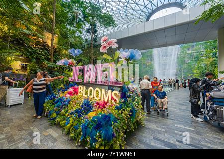 Singapur - 13. Juni 2024 : The Rain Vortex, ein 40 m hoher Indoor-Wasserfall im Jewal Changi Airport in Singapur. Reisekonzept Stockfoto