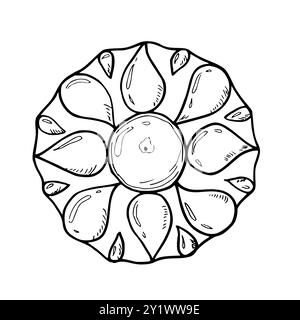 Diya Vektor isolierte Illustration mit schwarzen Tinten gemalt. Traditionelle Diwali brennende Lampe in Blütenform. Blick von oben auf das religiöse indische Symbol. Stock Vektor