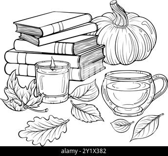 Stillleben im Herbst mit Büchern, Tee, Kürbisstrichkunst Stock Vektor
