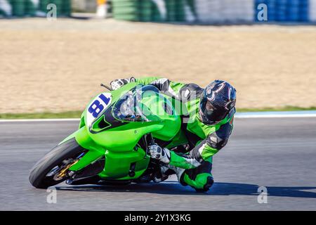 Ein Motorradfahrer in einem leuchtend grünen Anzug beugt sich beim Rennen auf einer professionellen Strecke in eine Kurve. Erfasst Geschwindigkeit, Adrenalin und Präzision im Motorsport Stockfoto