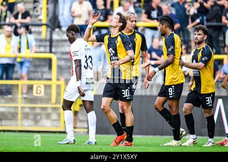 Lier, Belgien. September 2024. Lierse's Glenn Claes feiert nach einem Torschuss während eines Fußballspiels zwischen K. Lierse S.K. (1b) und KFC Houtvenne (2. Amateur), in der sechsten Runde des Croky Cup Belgian Cup, Sonntag, den 08. September 2024 in Lier. BELGA FOTO TOM GOYVAERTS Credit: Belga Nachrichtenagentur/Alamy Live News Stockfoto