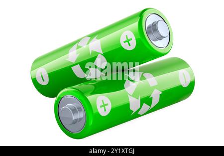 Batterien recyceln, Größe AA. 3D-Rendering isoliert auf weißem Hintergrund Stockfoto
