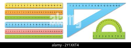 Mehrfarbiges Schullineal, isoliert auf weißem Hintergrund mit Winkelmesser, farbige Lineale, dreieckig mit Skala. Vektorabbildung. Stock Vektor