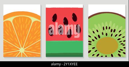 Obstkarte Set flache Vektor Illustration Lebensmittel Sammlung. Wunderschöne Sommerplakate mit Zitrusfrüchten, Wassermelonen, Zitronen, Kiwi. Journalkarten. Stock Vektor