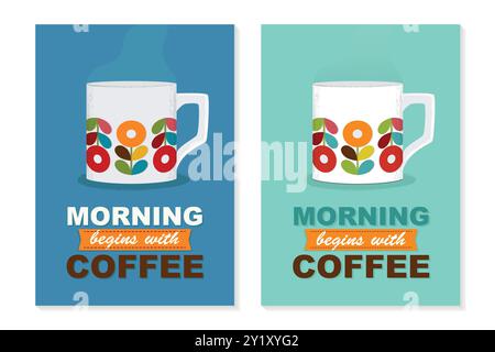 Kaffeeplakat mit skandinavischen Tassen und inspirierenden Morgenzetteln. Vektor-Illustration Set von Retro-Frühstück Cartoon Getränk Cafés Stock Vektor