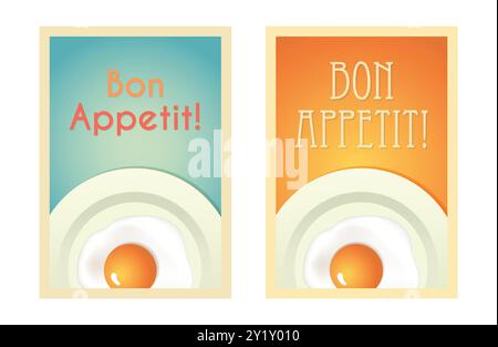 Bon Appetit Küchen-Poster-Set mit Rührei auf weißem Teller. Vektorillustration mit Anführungszeichen auf blauem und orangefarbenem Hintergrund für Broschüre, Wand de Stock Vektor