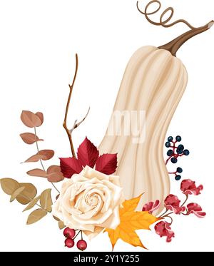 Die Vektor-Illustration zeigt einen weißen Kürbis umgeben von Elementen des Herbstes eine weiße Rose, Blätter und Beeren von wilden Trauben, Rosenhüften. Stock Vektor