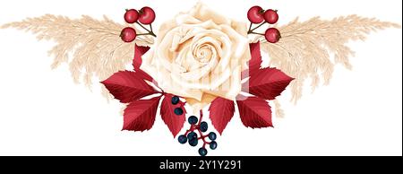 Herbststrauß mit einer Rose, trockenem Schilf, Blättern und Beeren von wilden Trauben und Hagebutten. Vektorabbildung. Stock Vektor
