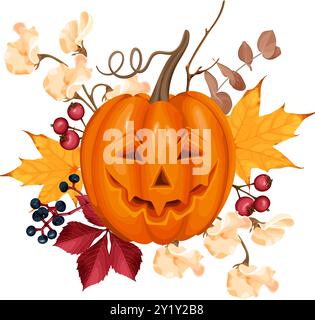 Jack-o-Laterne mit Herbstblättern, Beeren und weißen Blumen, perfekt für Halloween- oder Herbstmotive, mit leuchtenden saisonalen Farben. Stock Vektor