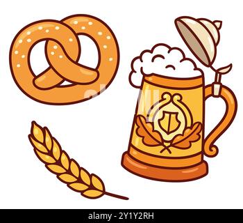 Traditioneller Oktoberfest stein (Bierkrug), Brezel und Weizenohr. Deutsches Bier- und Erntefest. Zeichentrickzeichnung Set, Vektor-Clip-Art Illustratio Stock Vektor