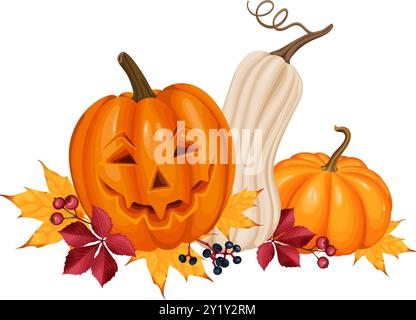 Diese Vektor-Illustration zeigt eine Herbstkomposition mit einer geschnitzten Halloween-Laterne, einem Kürbis umgeben von bunten Blättern und Beeren. Stock Vektor