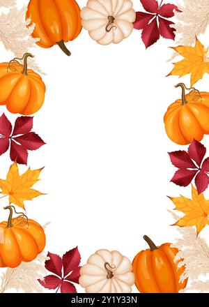Herbstliche Vektorillustration eines Rahmens mit Kürbissen, Blättern und dekorativen Elementen. Stock Vektor