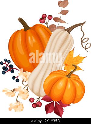Eine lebendige Herbstvektor-Illustration mit drei Kürbissen, Beeren, Blättern und Blumen in warmen saisonalen Farben. Stock Vektor