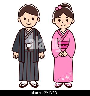 Niedliches Paar mit Jungen und Mädchen in Japans Nationalkostüm. Zeichentrickkinder im traditionellen japanischen Kimono. Illustration von Vektorclips. Stock Vektor