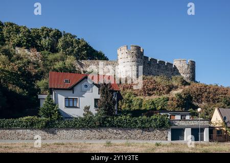 Schloss Devin auf einem massiven Felshügel über dem Zusammenfluss von Donau und Morava Stockfoto